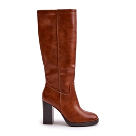 Botas femininas no posto de couro ecológico em frente ao camelo do joelho marrom 8