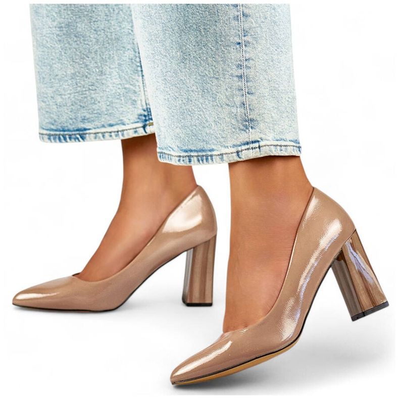 Sapatos femininos de salto alto com bico fino, bege envernizado GD-FL486A-T 1