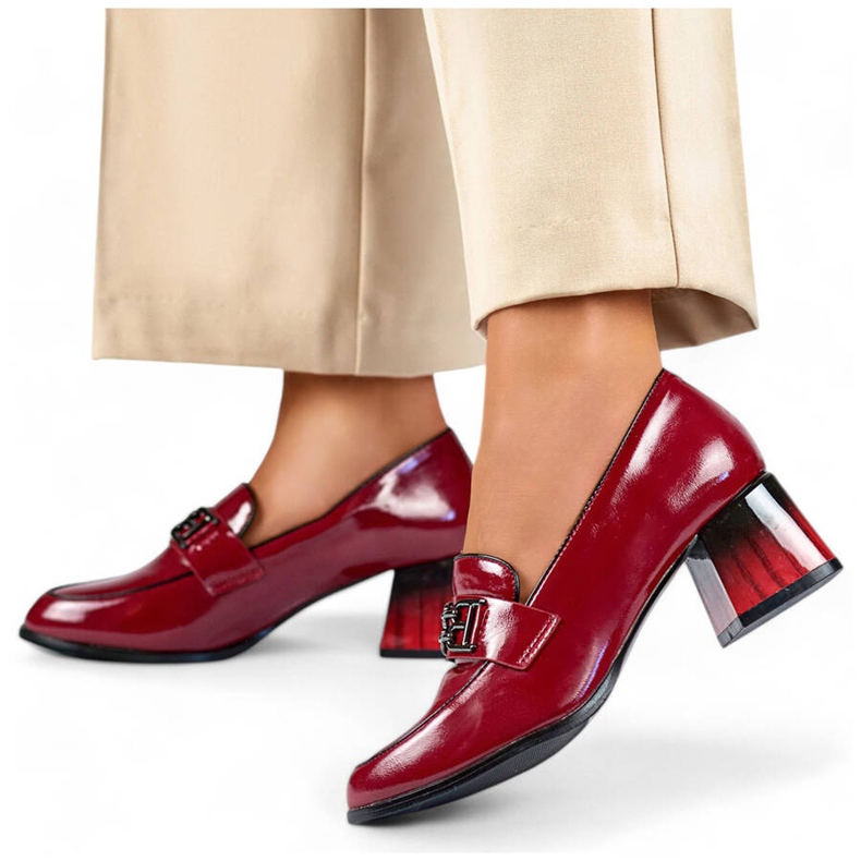 Sapatos femininos de salto baixo envernizados bordô GD-FL478-BUR vermelho 1