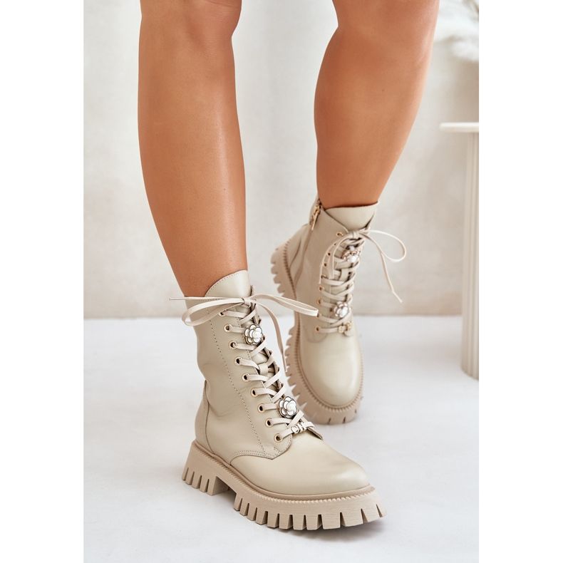 Botins de trabalho em couro com alfinetes de zíper CheBello 4553 Bege 2 Botins de trabalho em couro com alfinetes de zíper CheBello 4553 Bege 2