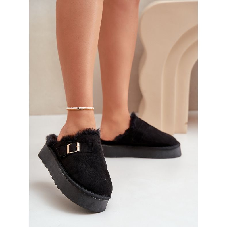 Chinelos femininos com sola grossa com pele e fivela, Black Linneola preto 2 Chinelos femininos com sola grossa com pele e fivela, Black Linneola preto 2