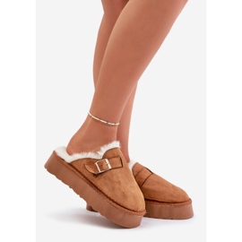 Chinelos femininos com sola grossa com pele e fivela Camel Linneola castanho 1