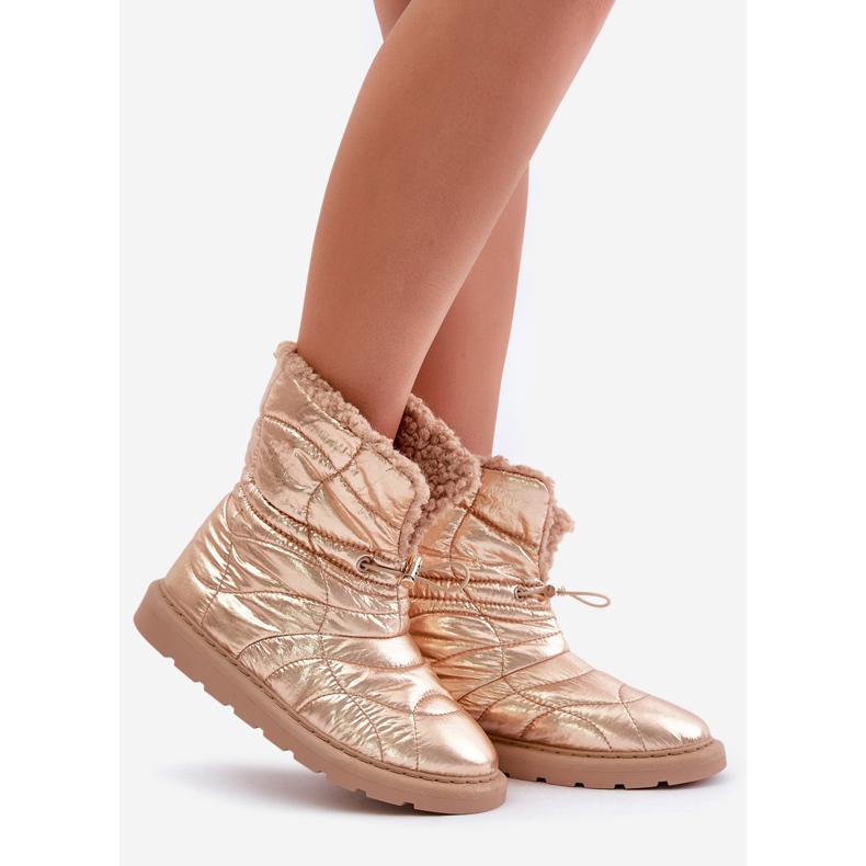 Botas femininas de neve com cordão isolado com pele de carneiro rosa ouro Vamidra dourado 1