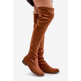 Botas acima do joelho de salto baixo feitas de camurça ecológica Camel Linnithia marrom 1