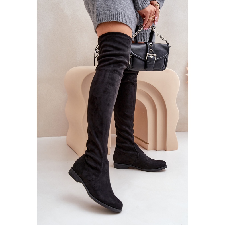 Botas acima do joelho de salto baixo feitas de camurça ecológica, Black Linnithia preto 2