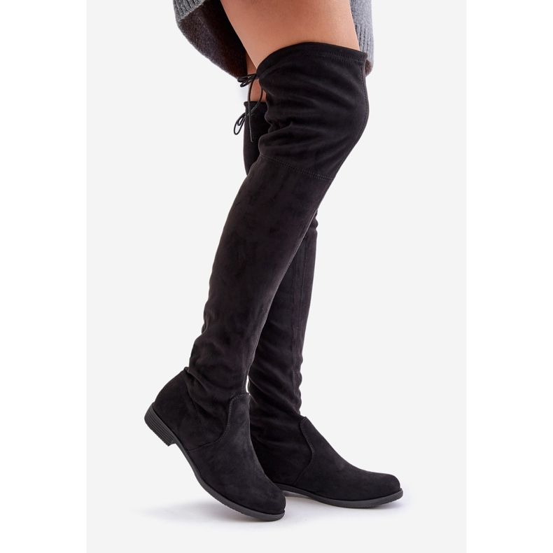 Botas acima do joelho de salto baixo feitas de camurça ecológica, Black Linnithia preto 1