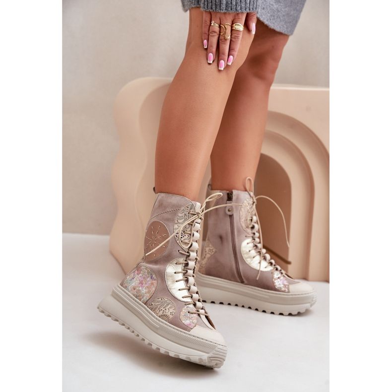 Botas de camurça de couro com plataforma quente Maciejka 06565-04 Bege 2