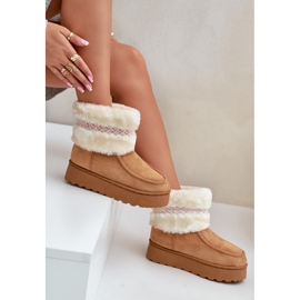 Botas femininas de neve com plataforma e padrão Deepanti de pele e camelo castanho 2