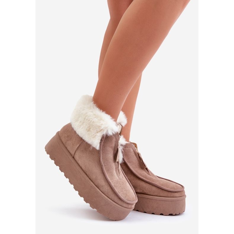 Botas femininas de neve com plataforma com pele e zíper, bege escuro Filiala 1 Botas femininas de neve com plataforma com pele e zíper, bege escuro Filiala 1
