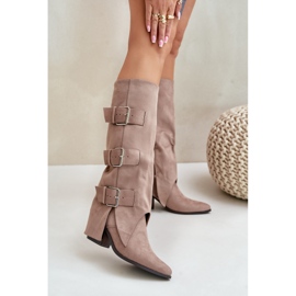Botas bege de salto alto com parte superior virada para cima e fivelas, Bege Vmissa 2 Botas bege de salto alto com parte superior virada para cima e fivelas, Bege Vmissa 2