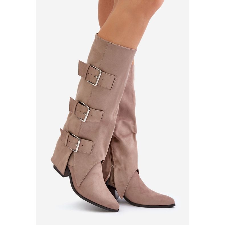 Botas bege de salto alto com parte superior virada para cima e fivelas, Bege Vmissa 1 Botas bege de salto alto com parte superior virada para cima e fivelas, Bege Vmissa 1