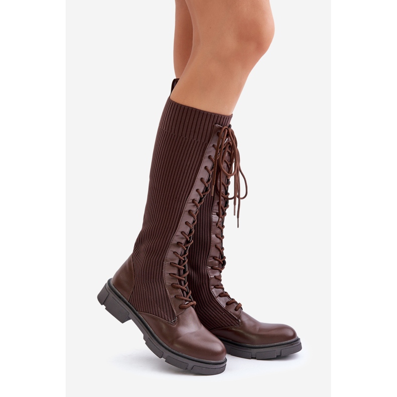 Botas Vamilena marrons com cadarço e cano elástico marrom 1