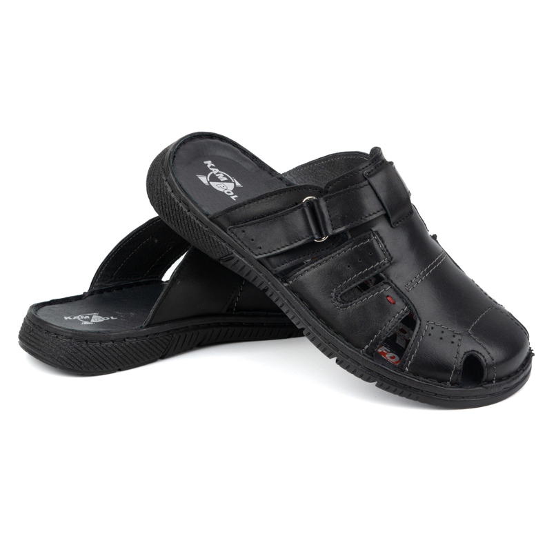 Chinelos de couro masculino KAMPOL Polskie stogie 221KAM preto 2