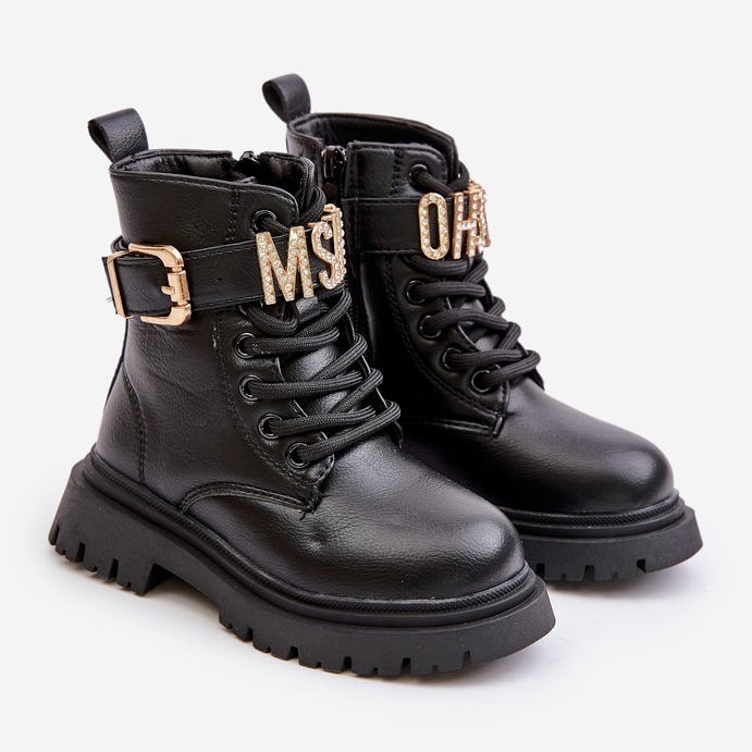 Botas quentes de couro ecológico para meninas com alça decorativa, pretas Gilian preto 1 Botas quentes de couro ecológico para meninas com alça decorativa, pretas Gilian preto 1