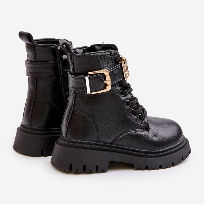 Botas quentes de couro ecológico para meninas com alça decorativa, pretas Gilian preto 2 Botas quentes de couro ecológico para meninas com alça decorativa, pretas Gilian preto 2