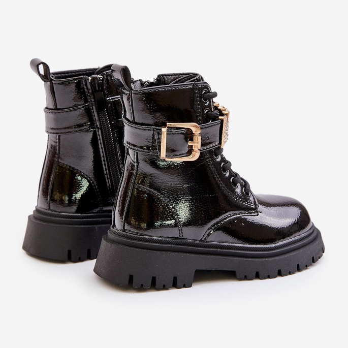 Botas femininas de couro envernizado com tira decorativa, pretas Gilian preto 2