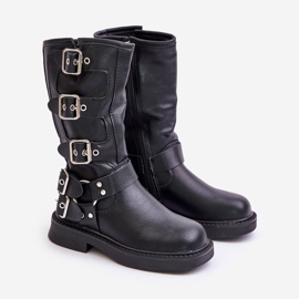 Botins femininos com fivelas de couro ecológico preto Rinetha 1