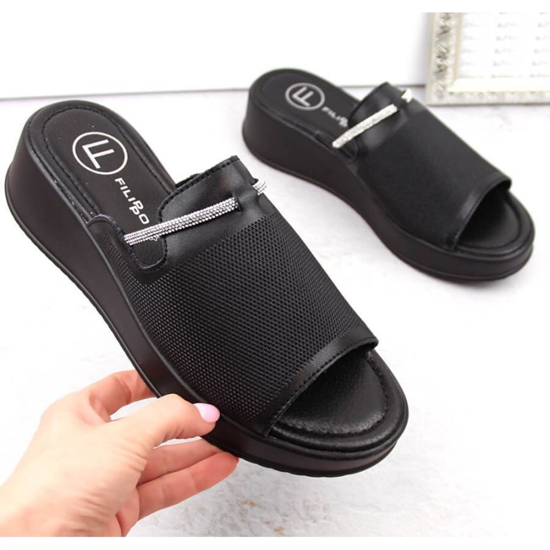 Filippo W PAW538A Mulas de couro preto com cunha 1