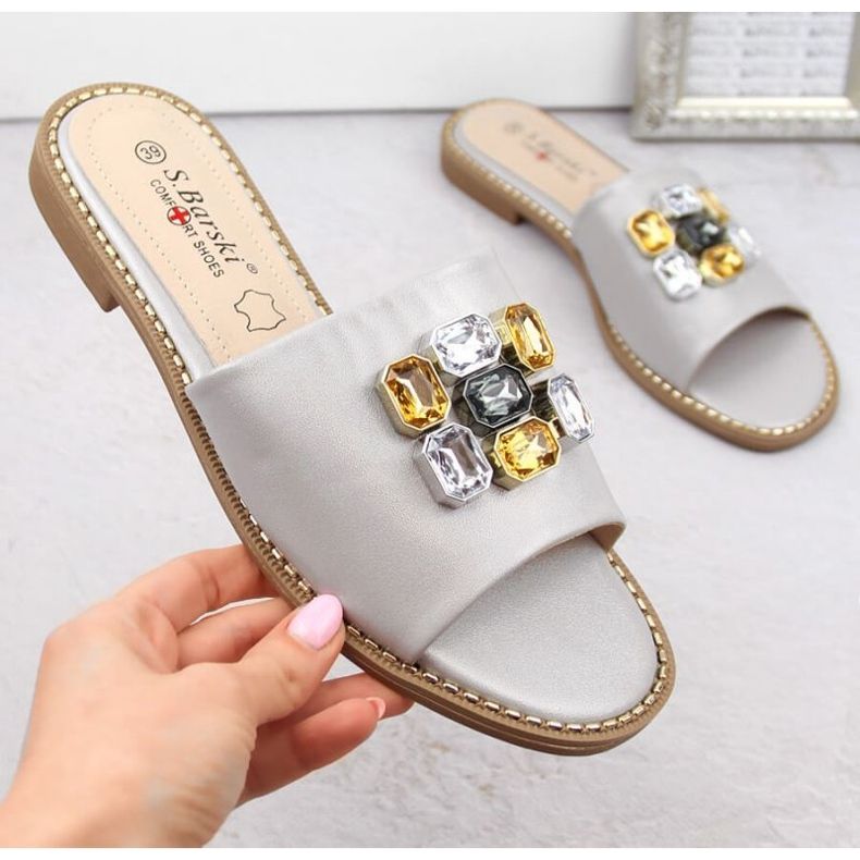 S.Barski W OLI262B chinelos prateados com zircões 1