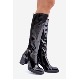 S.Barski Botas femininas envernizadas decoradas com salto alto D&amp;A MR880-055 pretas preto 1