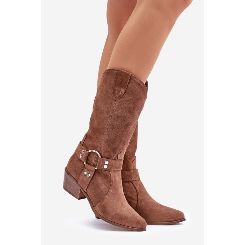 Zazoo 3669 Botas cowboy femininas de camurça meio cano marrom 1