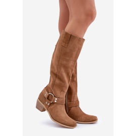 Botas de camurça com salto baixo e acima do joelho Zazoo 3444/O Camel castanho 1