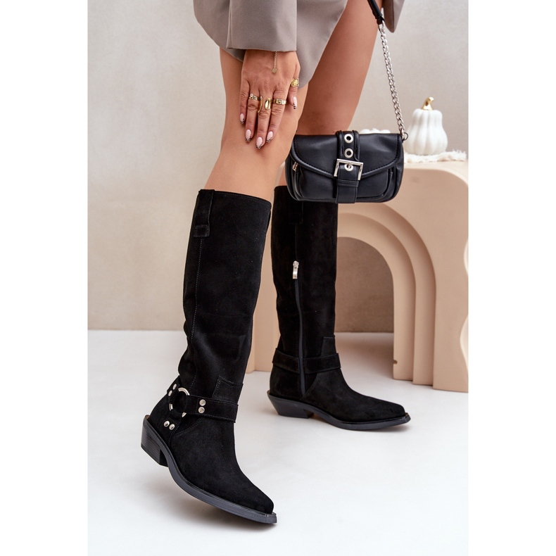 Botas Cowboy De Camurça De Salto Baixo Com Decoração Zazoo 3656 Pretas preto 2