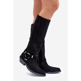 Botas Cowboy De Camurça De Salto Baixo Com Decoração Zazoo 3656 Pretas preto 1