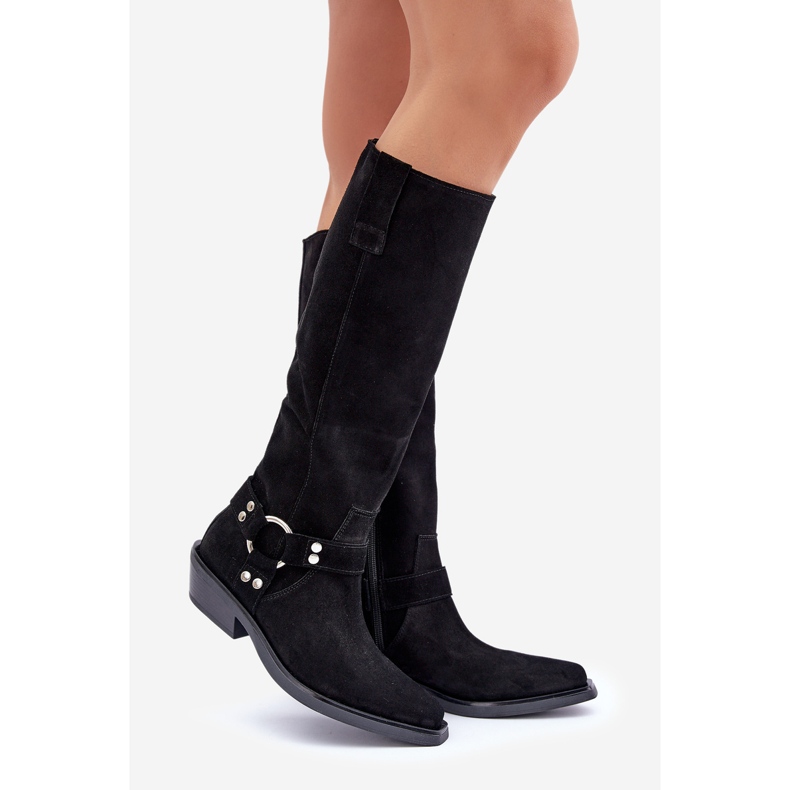 Botas Cowboy De Camurça De Salto Baixo Com Decoração Zazoo 3656 Pretas preto 1