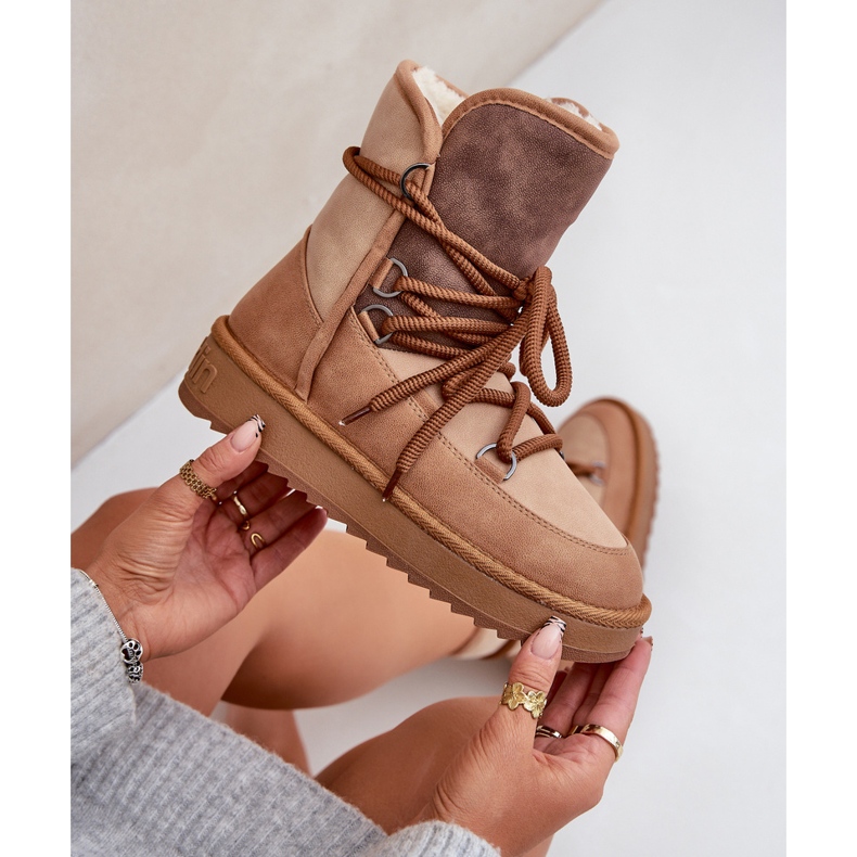 Botas de neve femininas em plataforma com amarração D.Franklin DFSH370013 camelo castanho 2