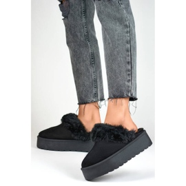Chinelos plataforma femininos com pele, pretos 81366-1B 2
