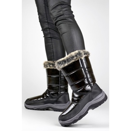 Botas femininas de neve altas e isoladas pretas com pele preta preto 1