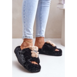 Chinelos femininos isolados com ursinho de pelúcia BG189P, pretos 1