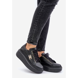 Tênis de couro natural com plataforma decoração dourada Lewski 3428 preto 1