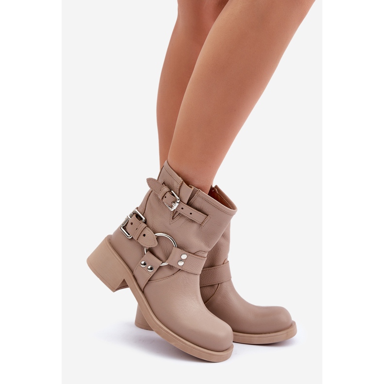 Botas femininas de couro com salto baixo e alças Zazoo 3644 bege 1