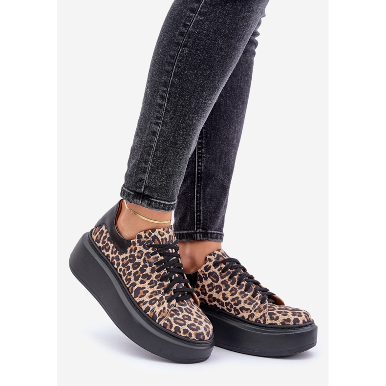 Tênis com plataforma de couro leopardo Zazoo 3346 Marrom-Preto castanho 1