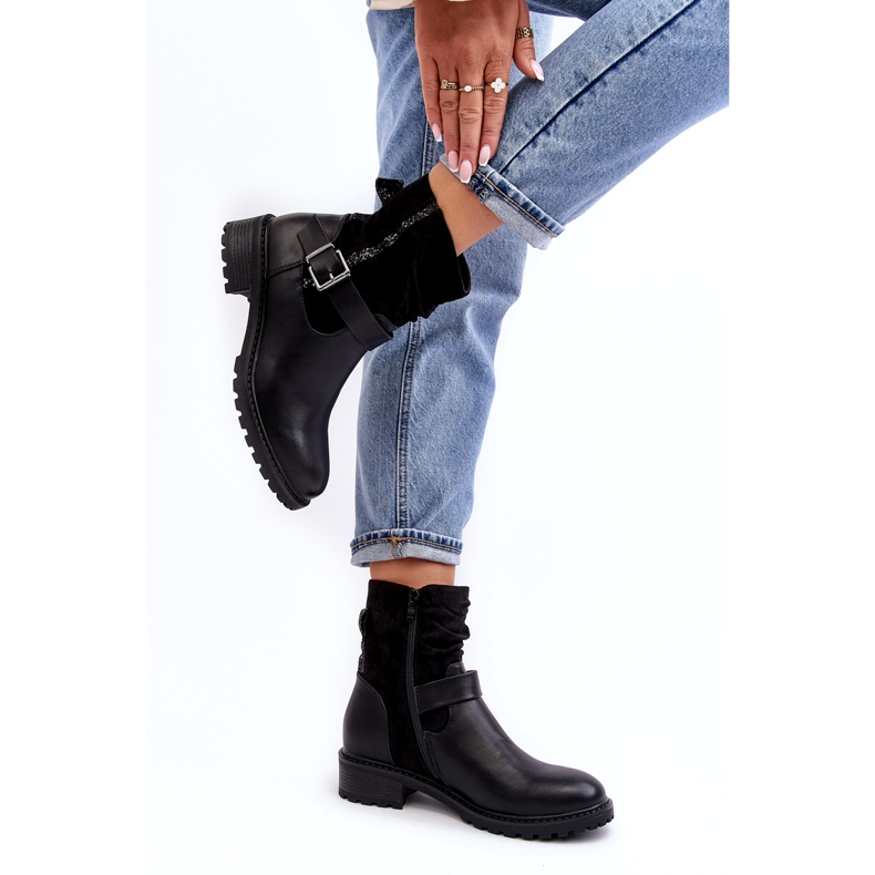 Erynn Botas rasas femininas com fivela, pretas preto 2
