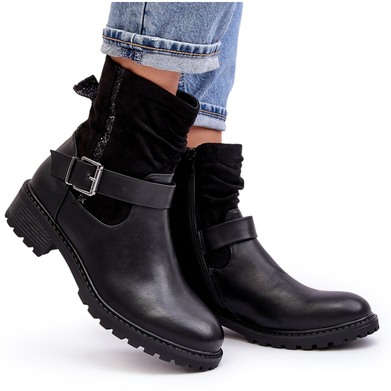 Erynn Botas rasas femininas com fivela, pretas preto 4