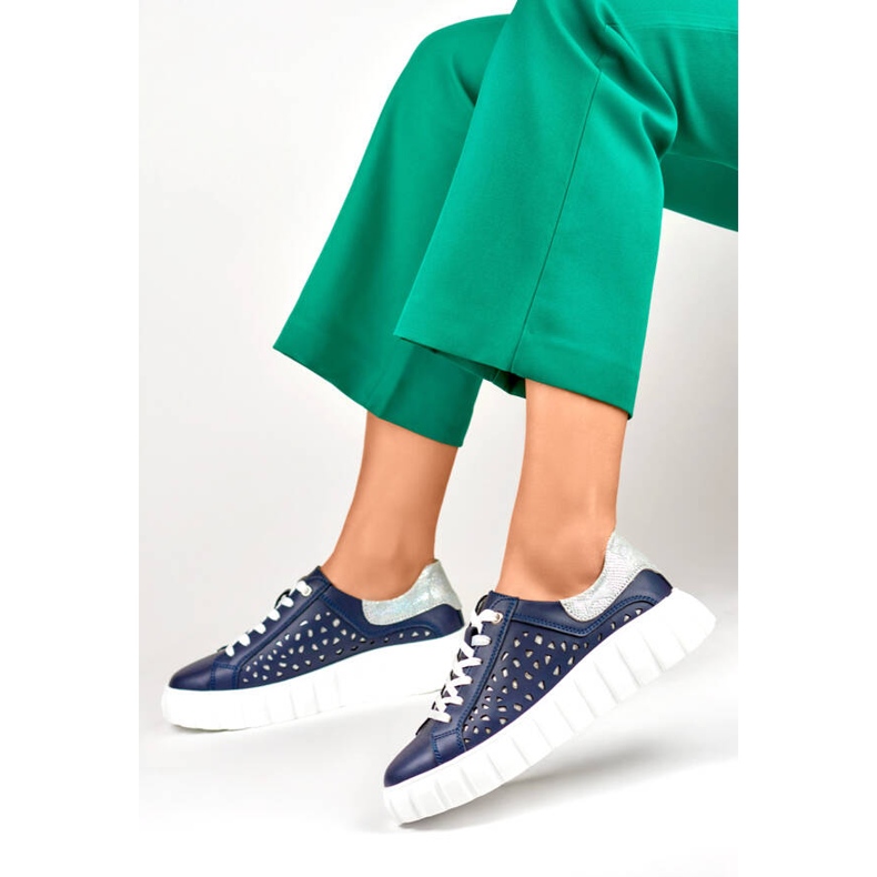 Sapatos plataforma de couro perfurado, azul marinho GD-XF72N 1