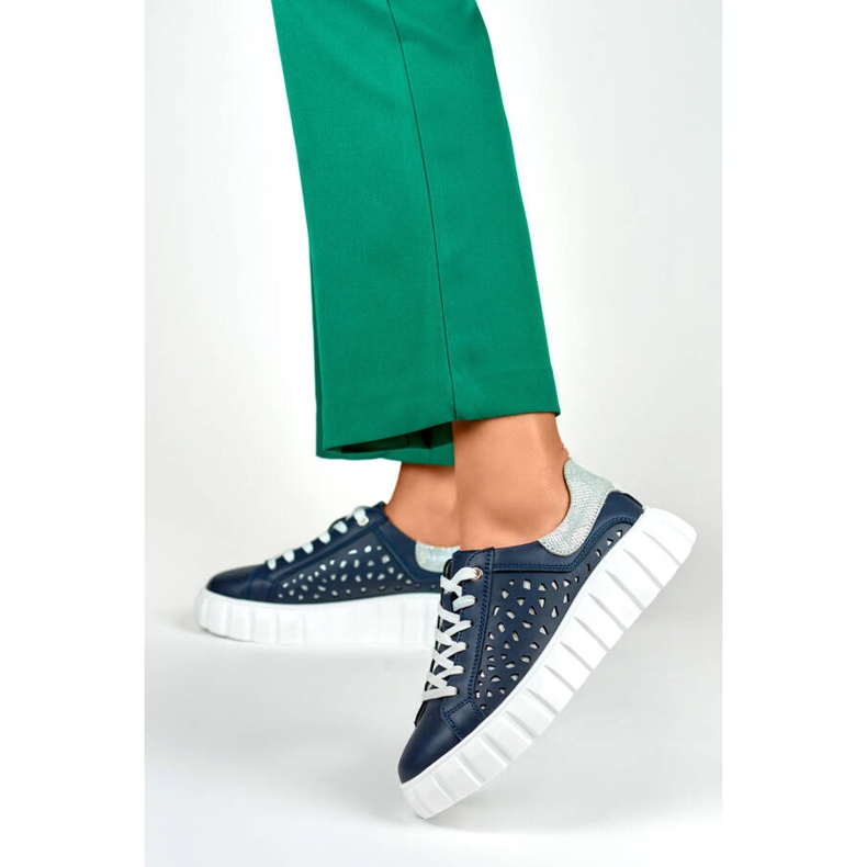 Sapatos plataforma de couro perfurado, azul marinho GD-XF72N 2