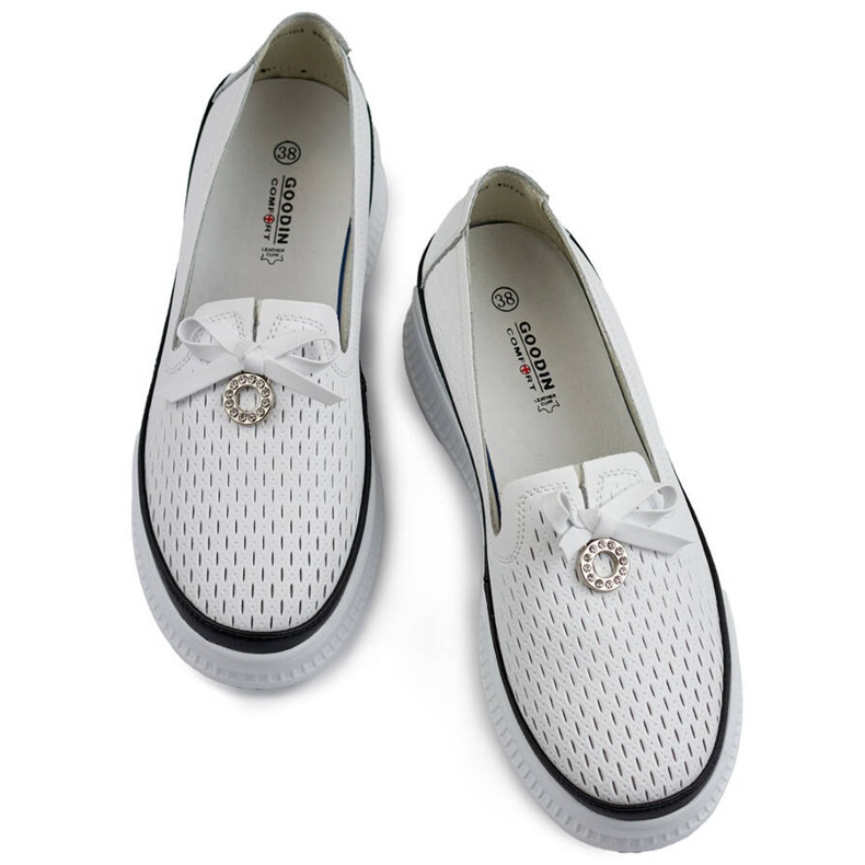 Goodin Sapatos femininos de couro perfurado com sola grossa, branco GD-XF-103W 1