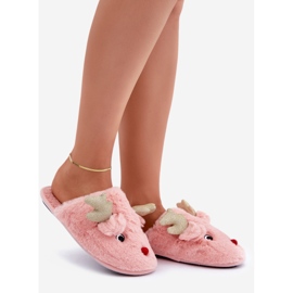 Chinelos de Natal peludos rosa com motivo de renas 1