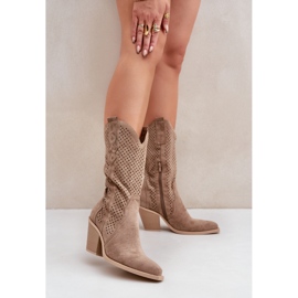 Botas de cowboy perfuradas com salto alto, bege escuro 2