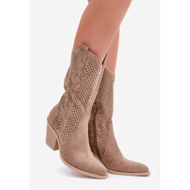 Botas de cowboy perfuradas com salto alto, bege escuro 1