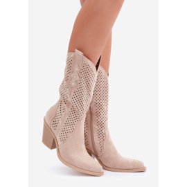 Botas de cowboy perfuradas com salto alto, bege claro 1 Botas de cowboy perfuradas com salto alto, bege claro 1