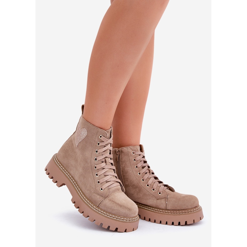 Botins femininos com coração brilhante, bege escuro 1 Botins femininos com coração brilhante, bege escuro 1