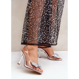 Sandálias de salto alto prateadas transparentes com laço prateado brilhante prata 2 Sandálias de salto alto prateadas transparentes com laço prateado brilhante prata 2