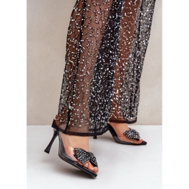 Sandálias transparentes de salto alto com laço brilhante, pretas preto 1