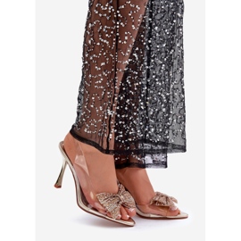 Sandálias transparentes de salto alto com laço dourado brilhante 1