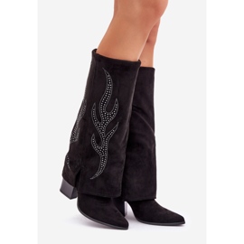 Botas decoradas com cano levantado e salto alto, pretas preto 1